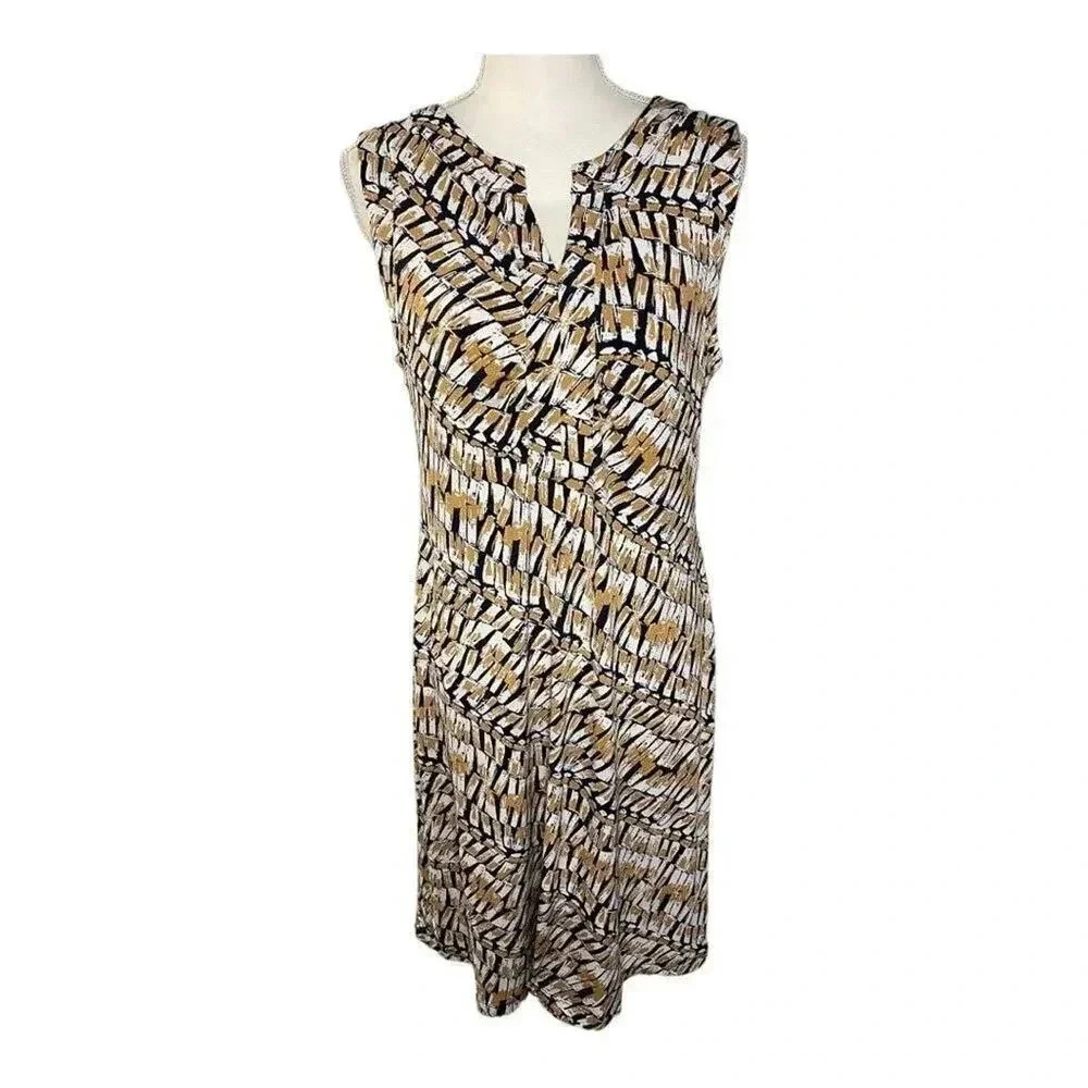212 Collection Women’s Medium Geometric Print Brown White & Black Midi Dress‎